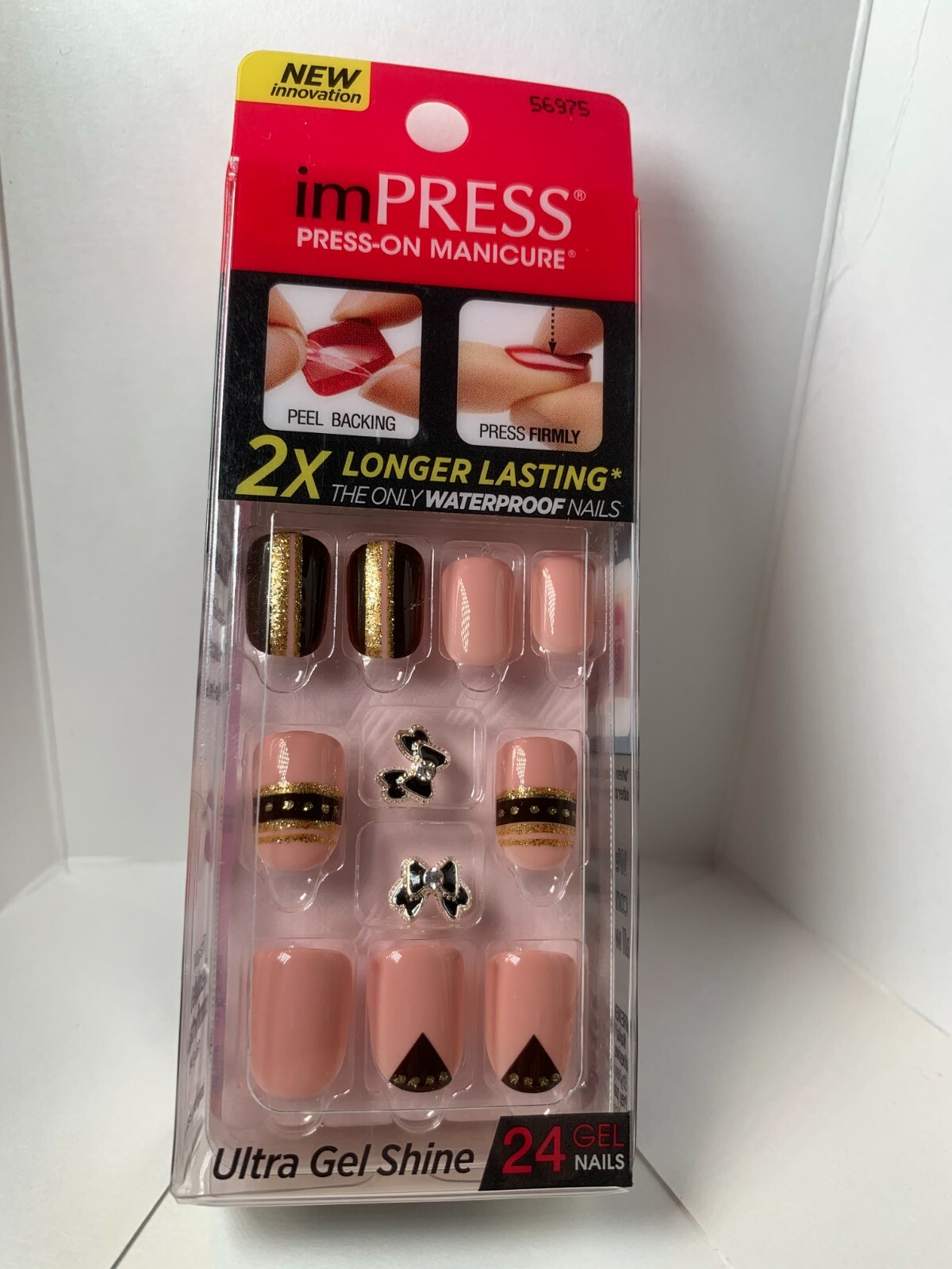 Impress Gel Manicure Press on Nails Short black & Gold details w/ black bow