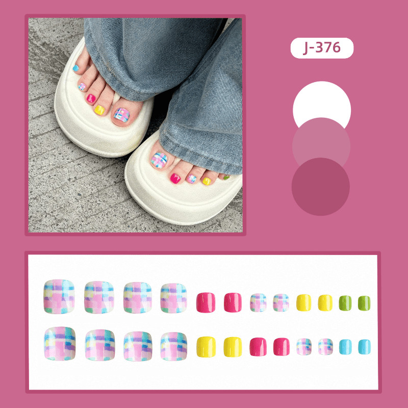 48 Pcs Rainbow Plaid Toe Short Square Press on Nails, Bright Vacation Fake Nails