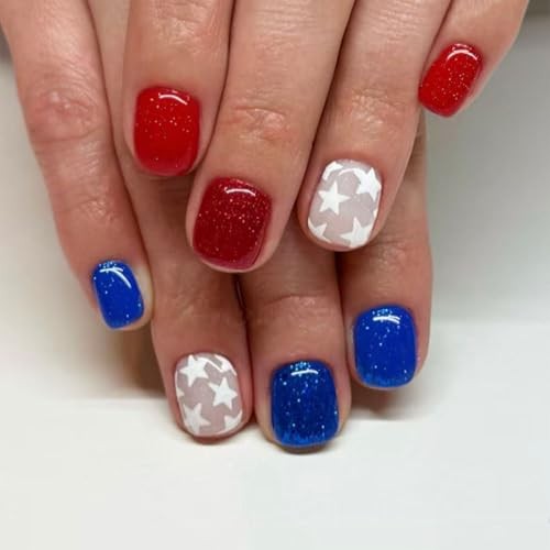 Red 4th of July Press on Nails – Short Square Fake Nails – Red – Blue