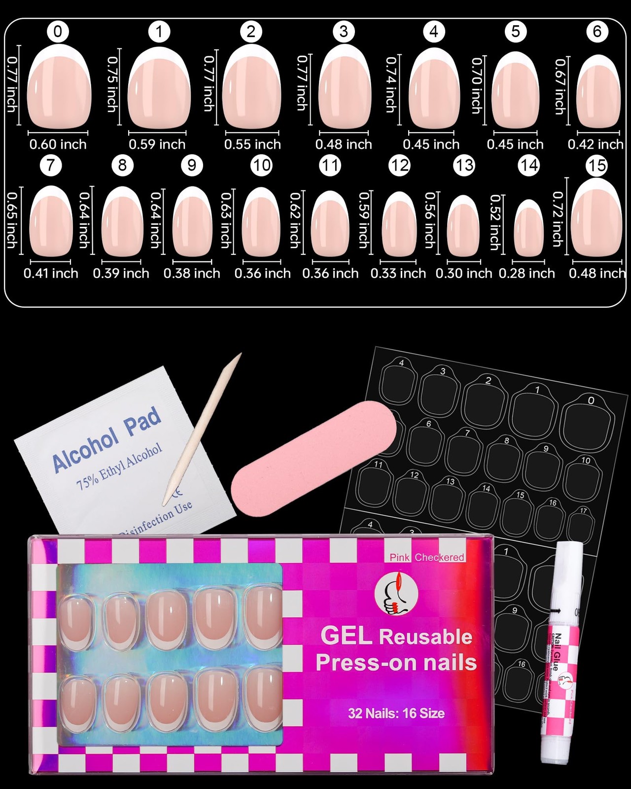 16 Sizes Short Oval Press on Nails, French Tip Short Round Reusable 32pcs Glo…