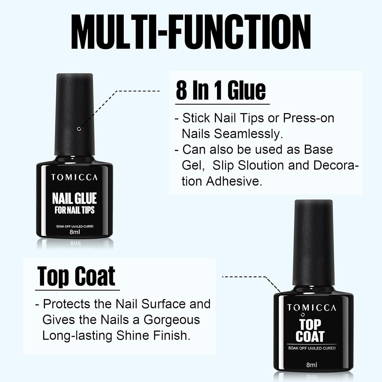 8-in-1 Nail Glue & No Wipe Top Coat Set – Gel Glue for Acrylic & False Nails, Su