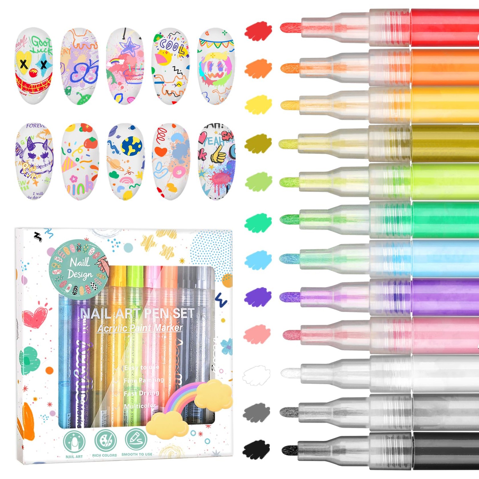 12 Colors Nail Art Pens Set Fine Tip Quick Dry Acrylic Paint Markers for DIY Des