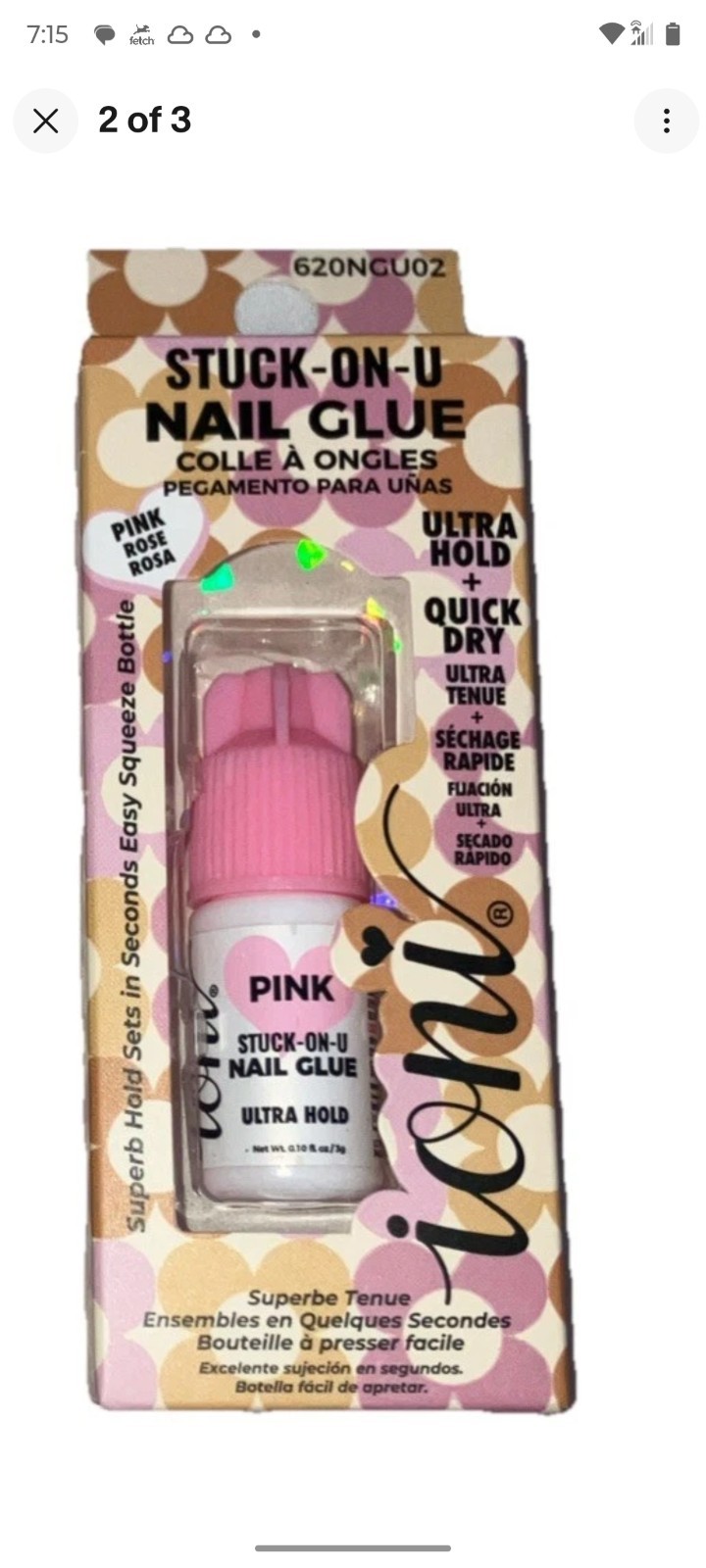 2 x 0.10 oz Ioni Stuck-On-U Nail Glue Pink Rose Ultra Hold Easy Squeeze Bottle