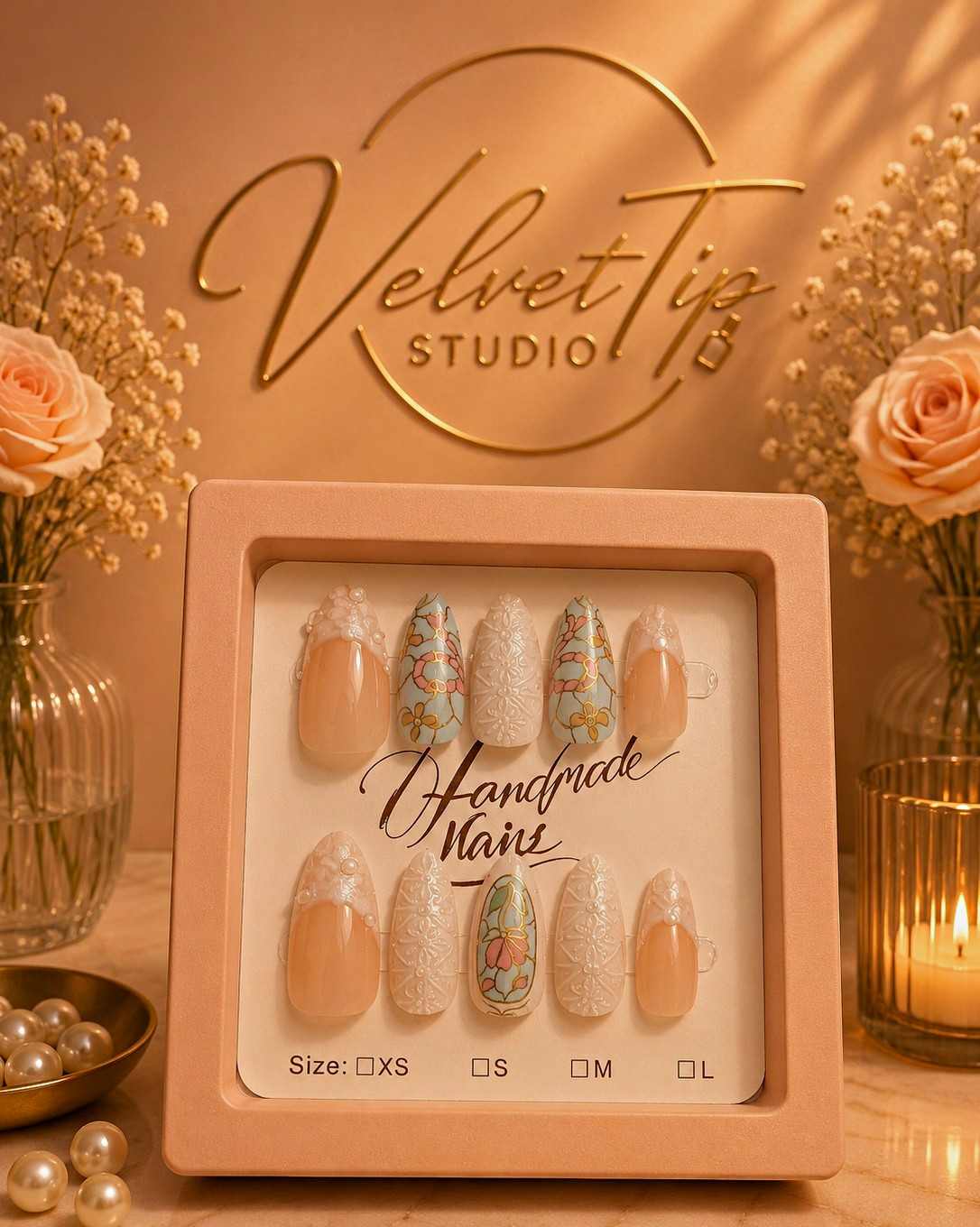 VelvetTip Studio Nude/White/Blue/Gold 3D Floral Press-On Nails Set Size M