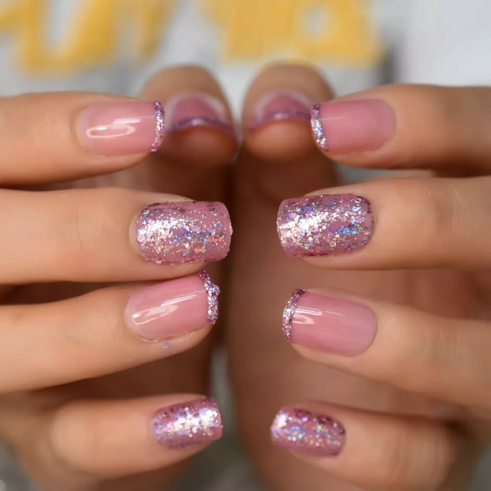 Clear Purple Pink Glitter design Press on Nails w/ glue short rose gold sparkle