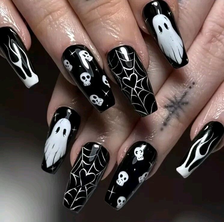 24 Pcs Halloween Nail Art Set with Tools – Middle Length Ballet Shaped Black…