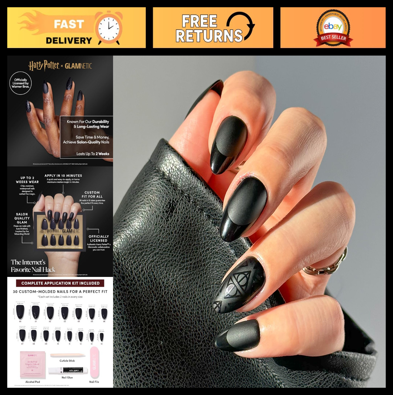 Deathly Hallows Press On Nails – Black Almond Matte & Glossy Finish | 30 Nail Ki