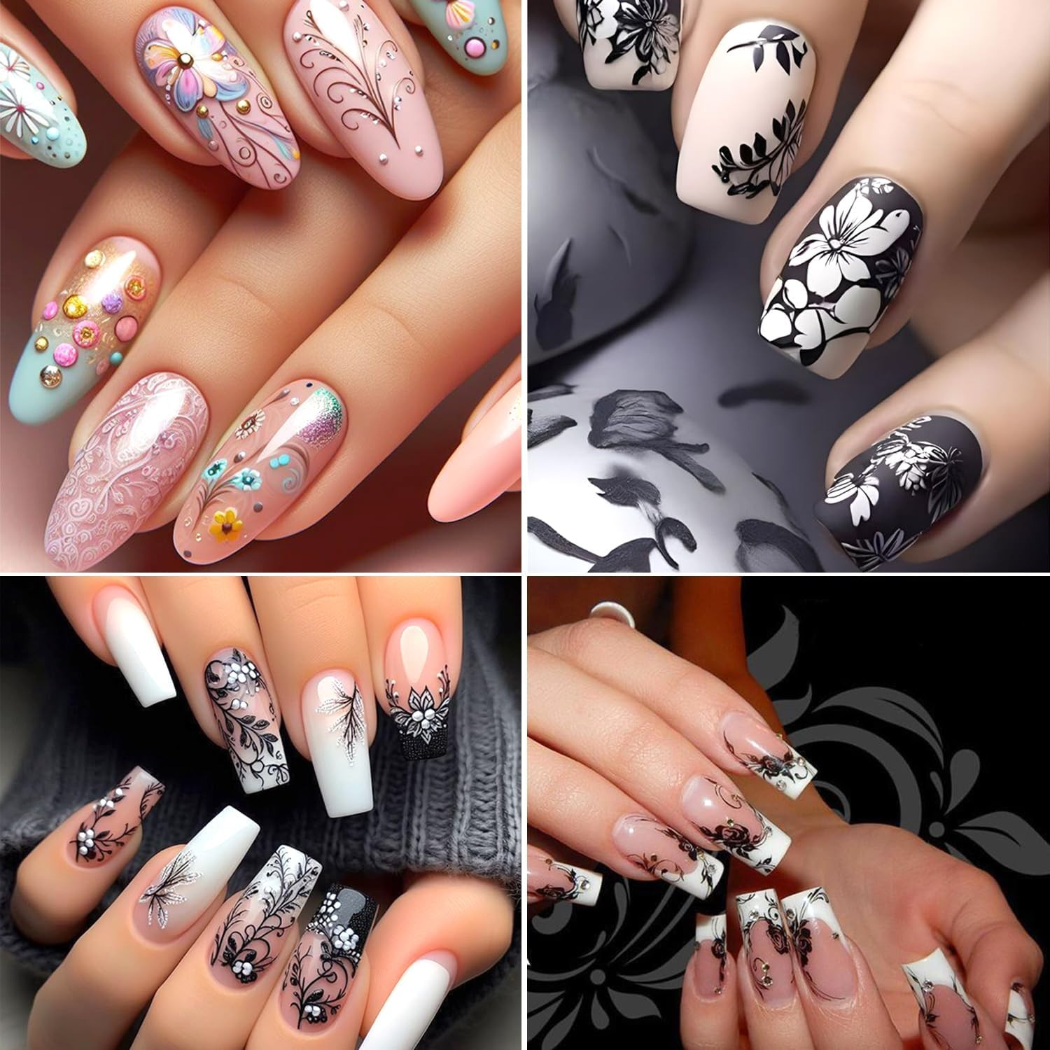 2Sheets Retro Black White Vine Flowers Nail Art Stickers 3D Embossed Pink Flower