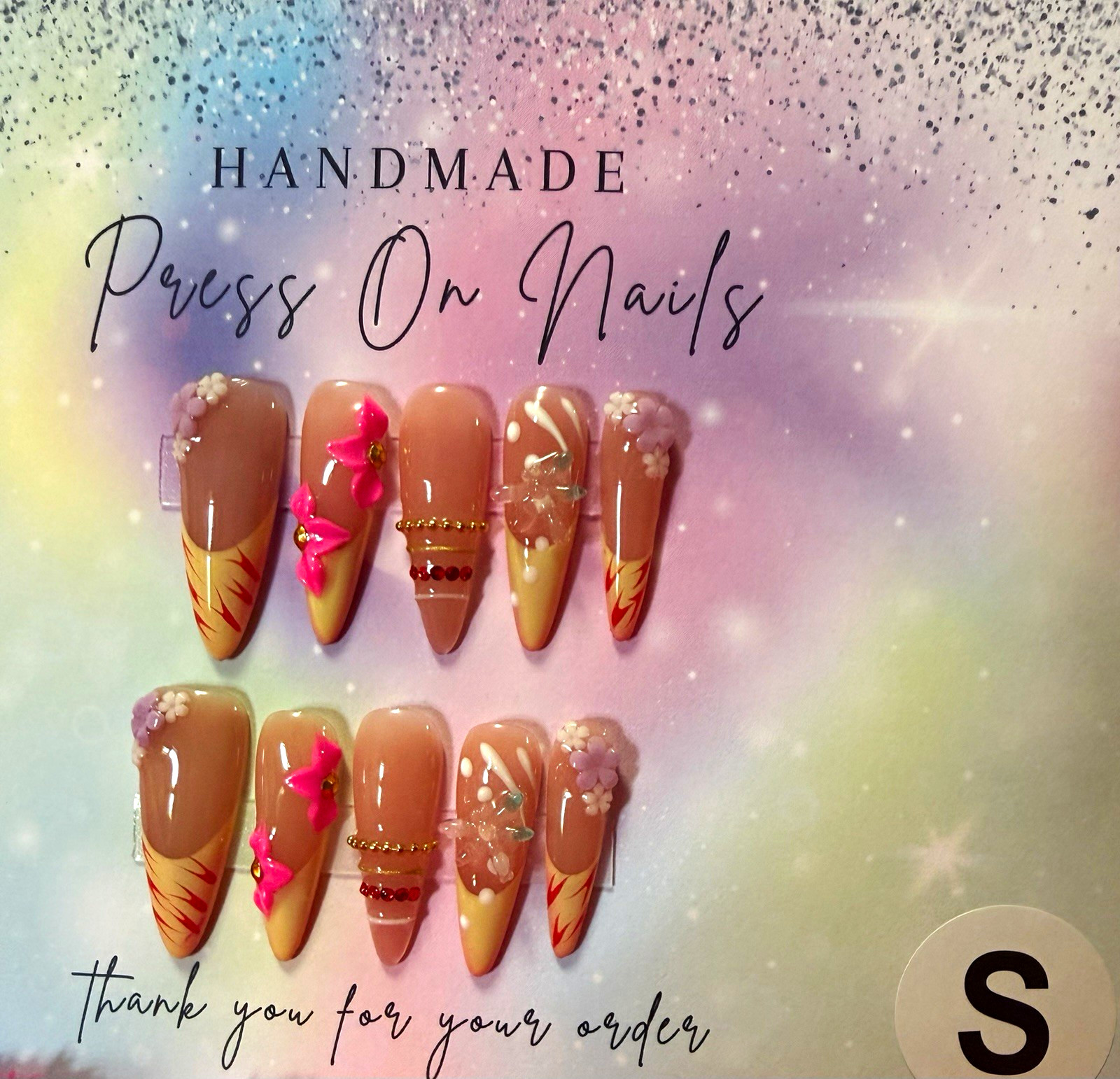 Nude/Pink/White/Red 3D Flower Coffin Press-On Nails, Long, Pre-Designed small