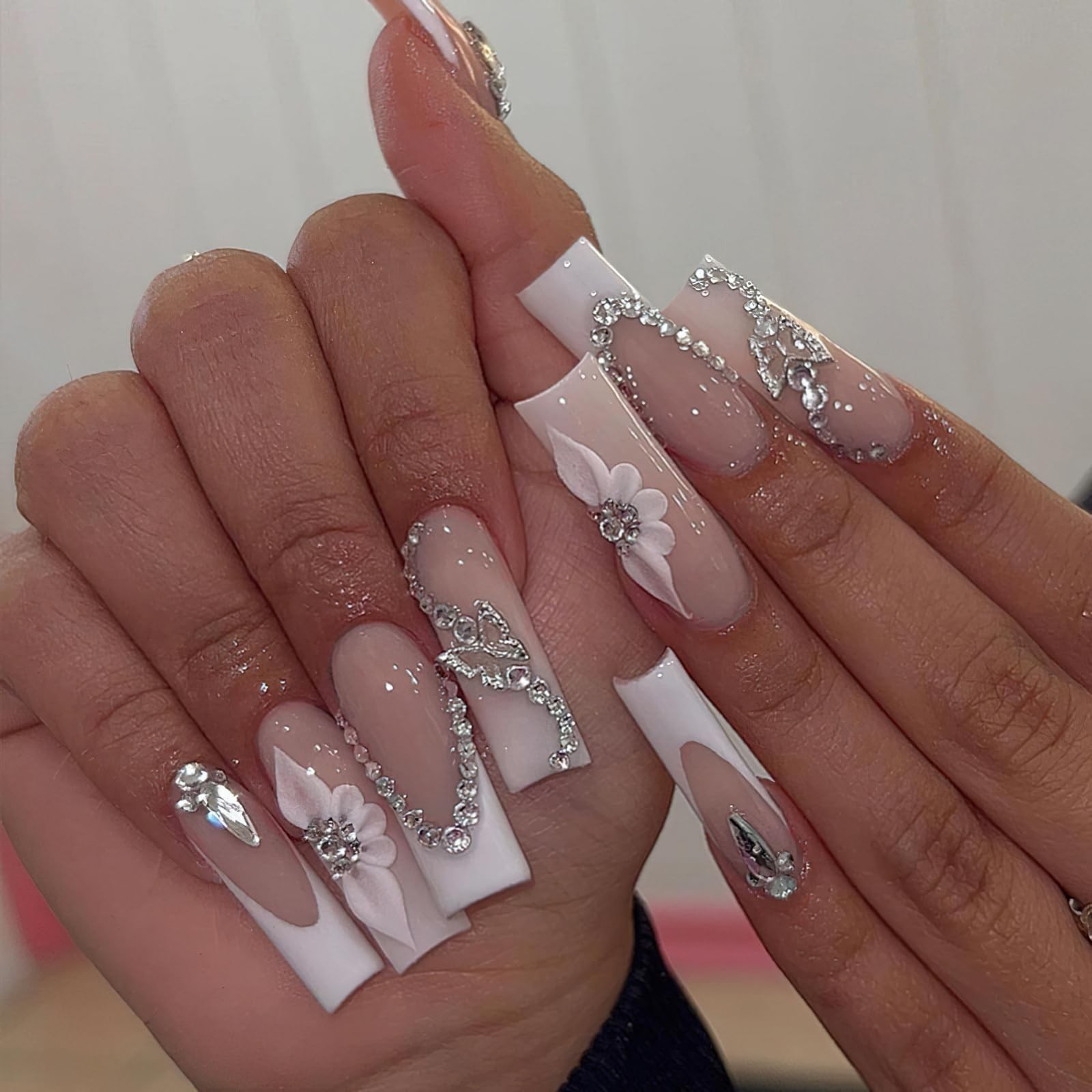 French Tip Press on Nails Long Square Fake Nails Glossy Nude False Nails with…
