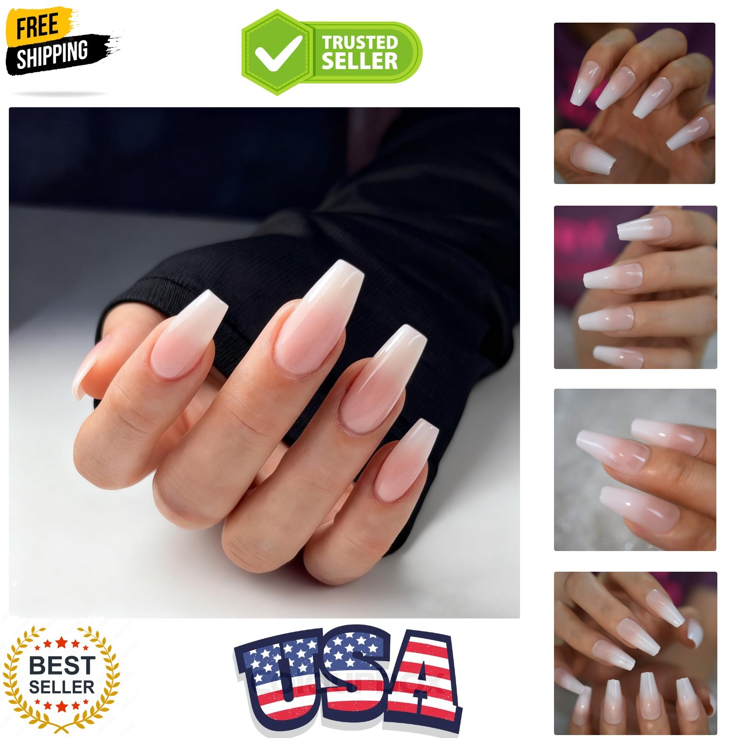 Glossy Ombre Pink Nude White French Ballerina Coffin False Nail Gradient Natu…