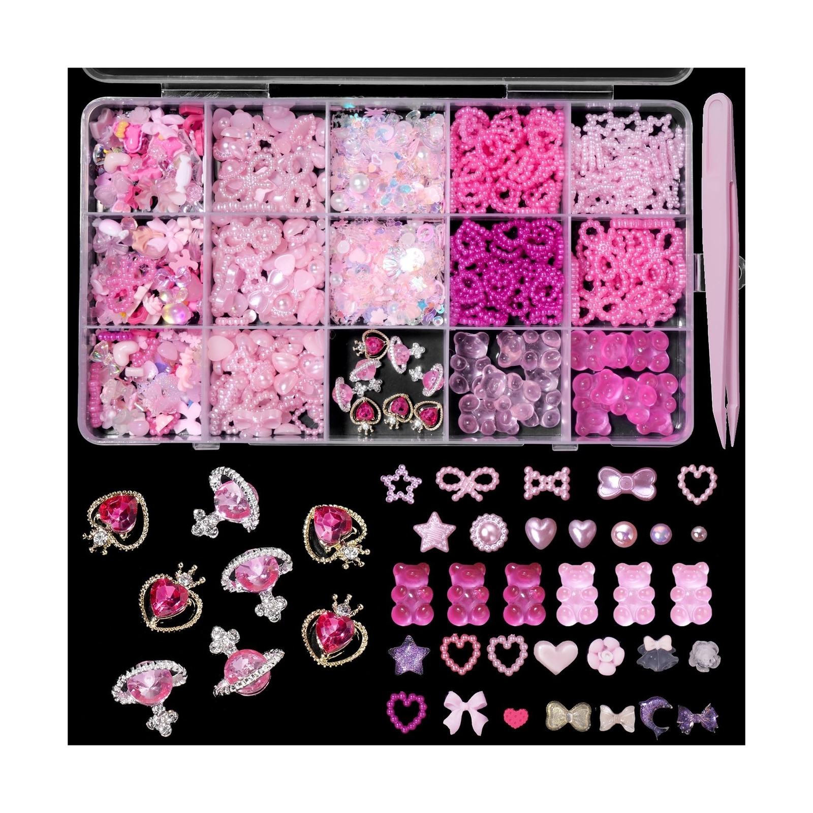 3D Pink Assorted Pearls Gems Nail Charms Heart Butterfly Bow Bear Nail Charms…