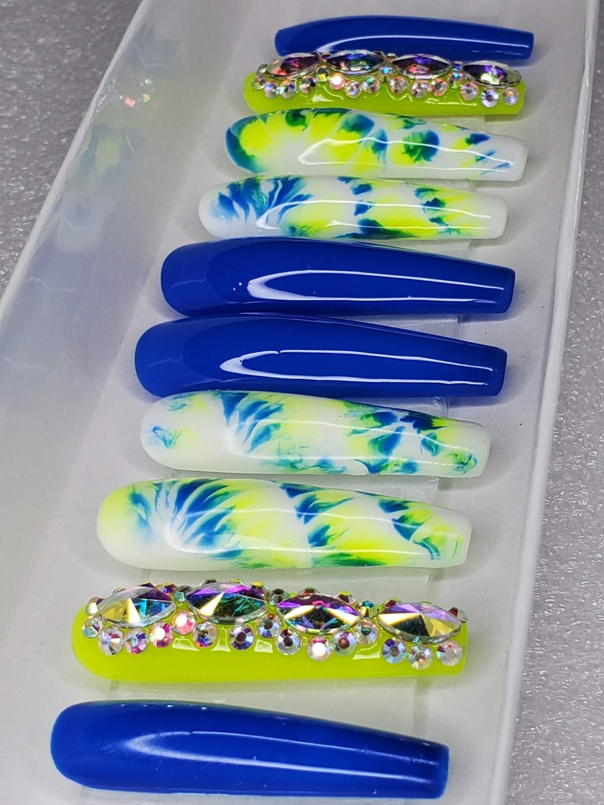 Extra long neon yellow & blue tie dye bling press on nails barbie xl coffin