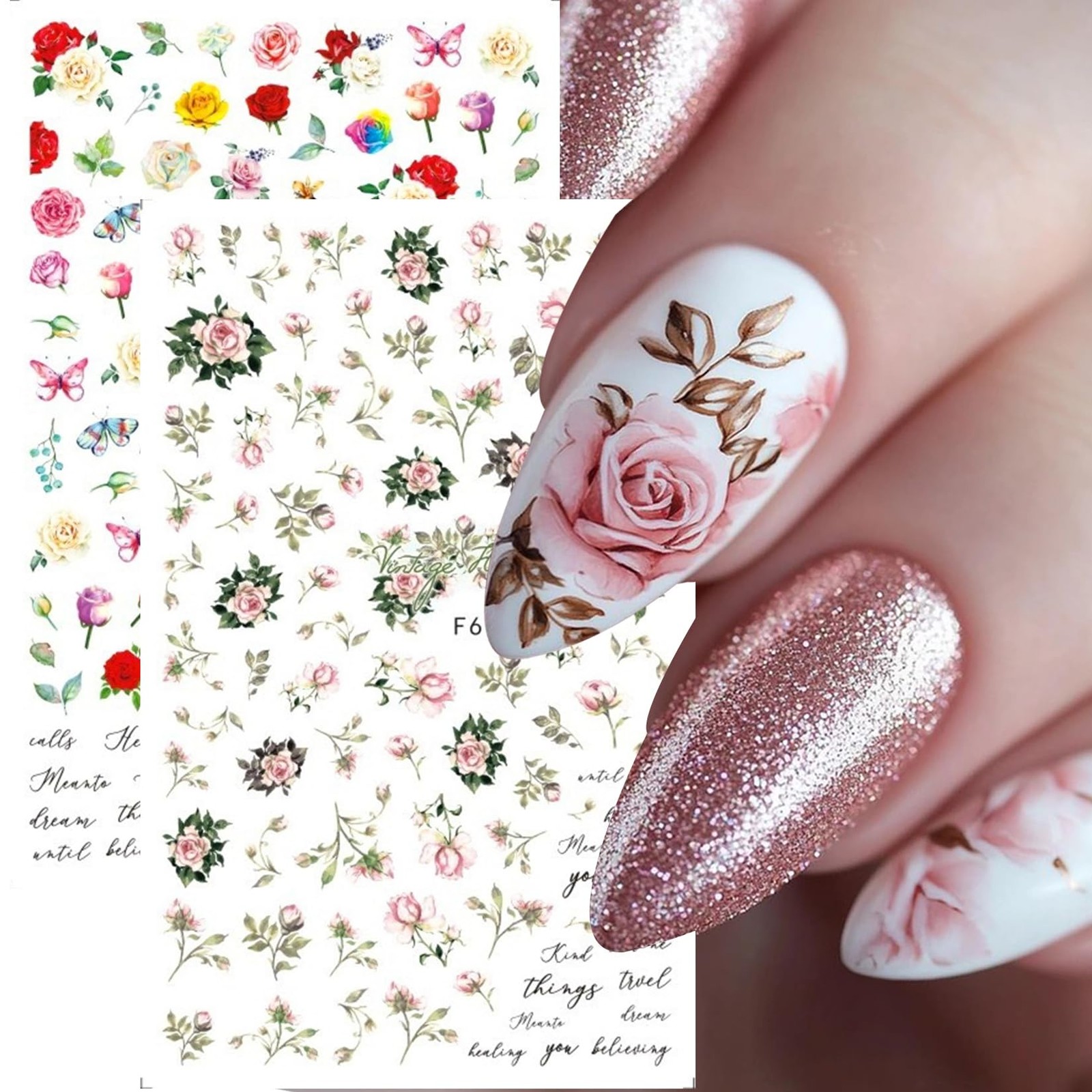 Rose Flower Nail Stickers Decals 12 PCS Romantic Red Pink Rose Nail Art Stick…