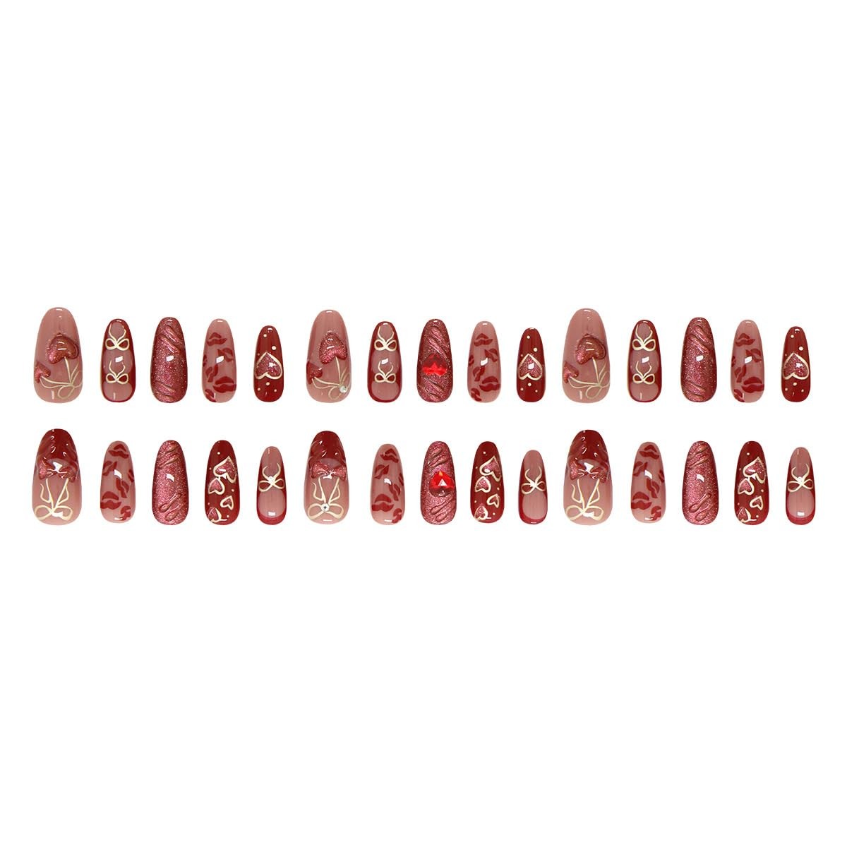 Mkwntg Heart Fake Nails-5 Rhinestone Cherry Bow