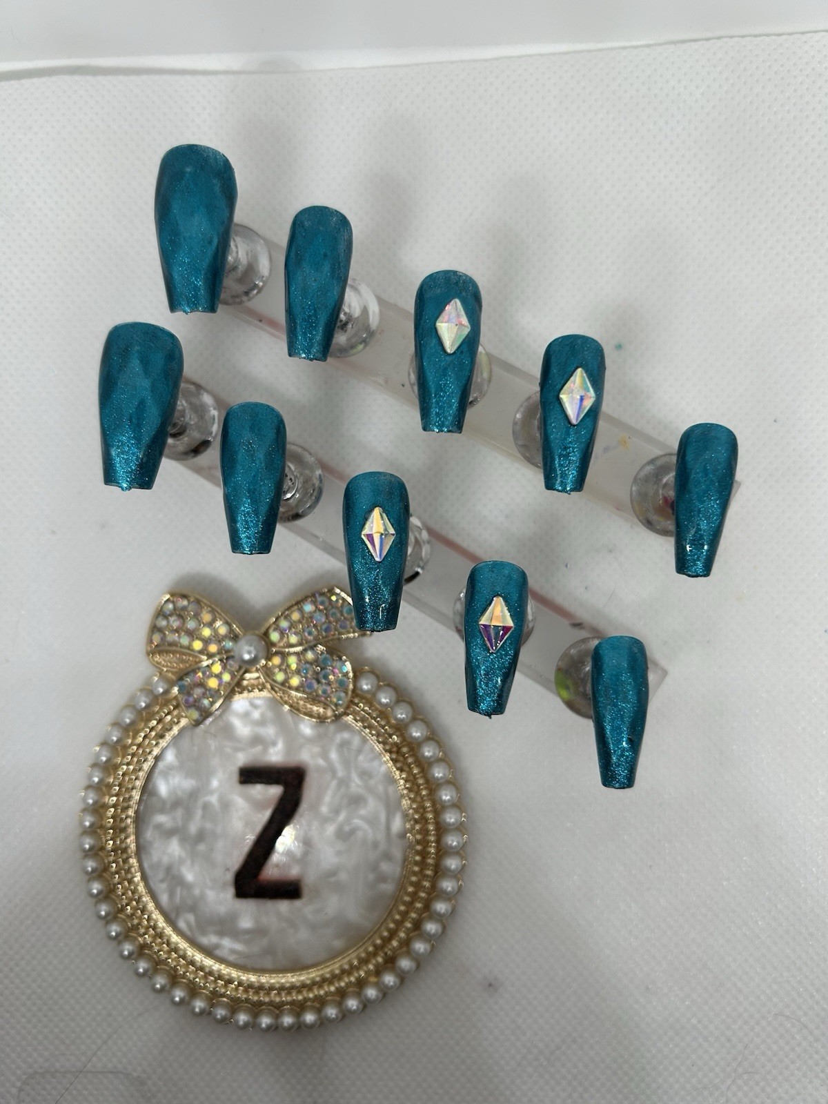Z NAILZ! Handmade M Coffin Tesl Faceted Shiny W/AB Stones Press On Nails
