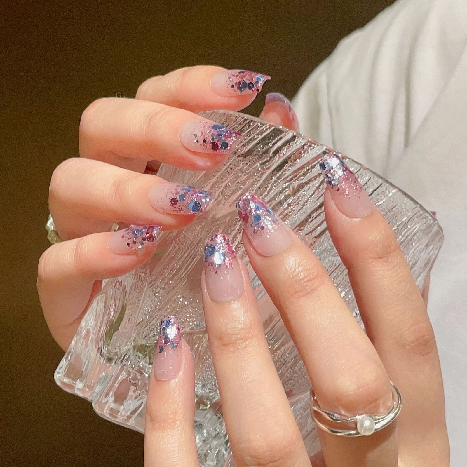 Press on nails Handmade Colored Glitter Confetti Purple medium coffin S M L