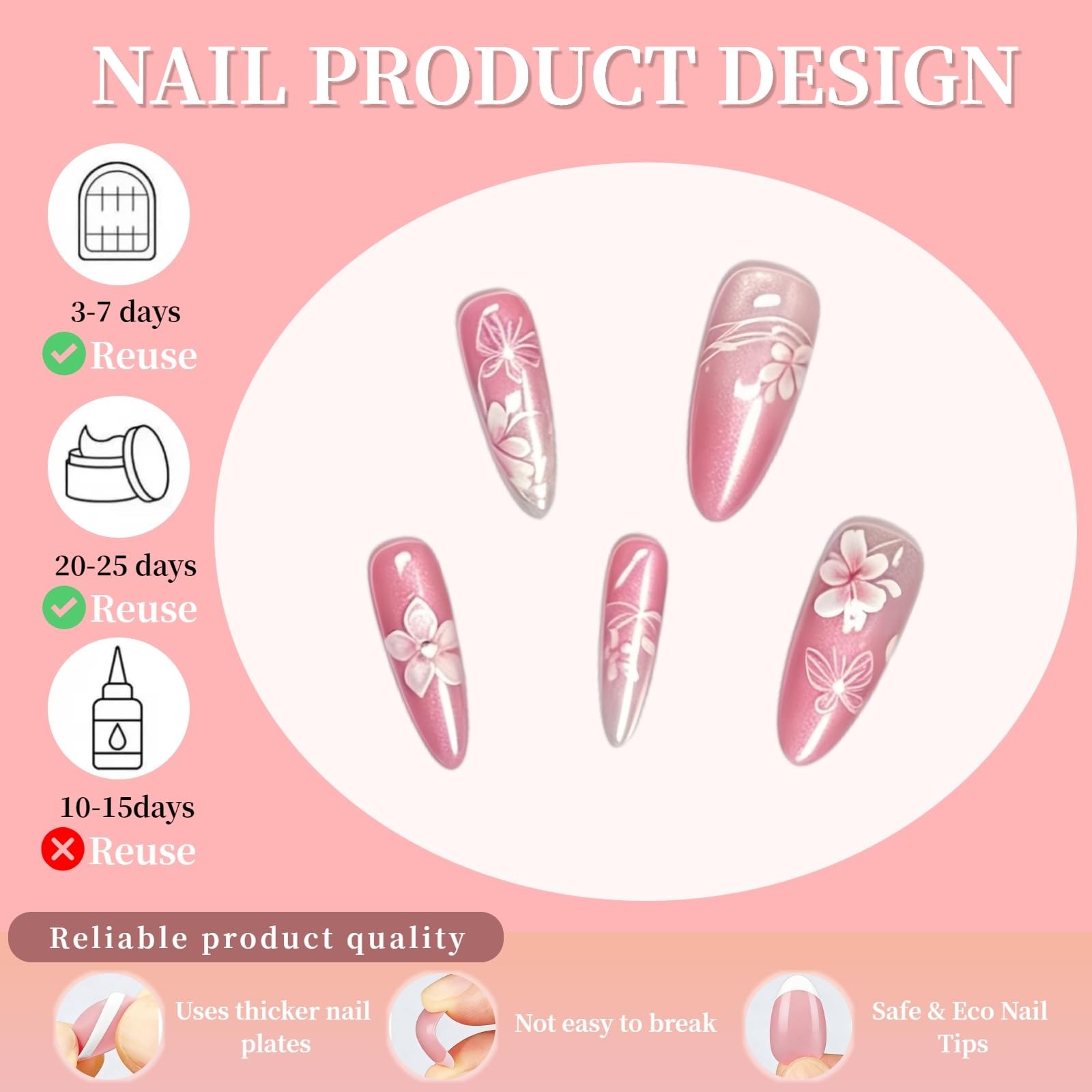 Tephrent Pink Peach Blossom Press on Nails Long Almond
