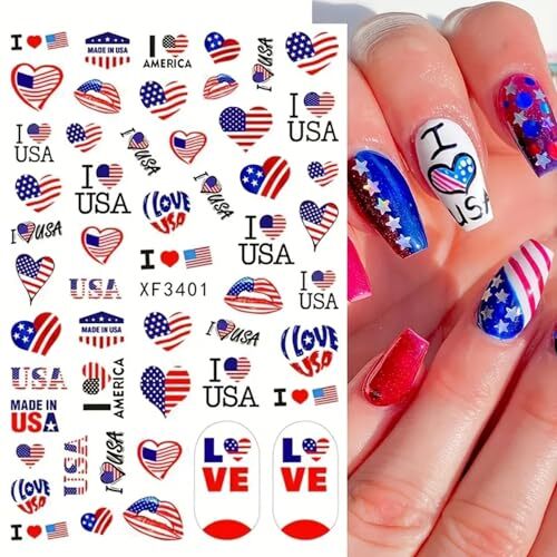 4th of July Nail Art Stickers, 8Sheets American Flag Patriotic Nail Decals