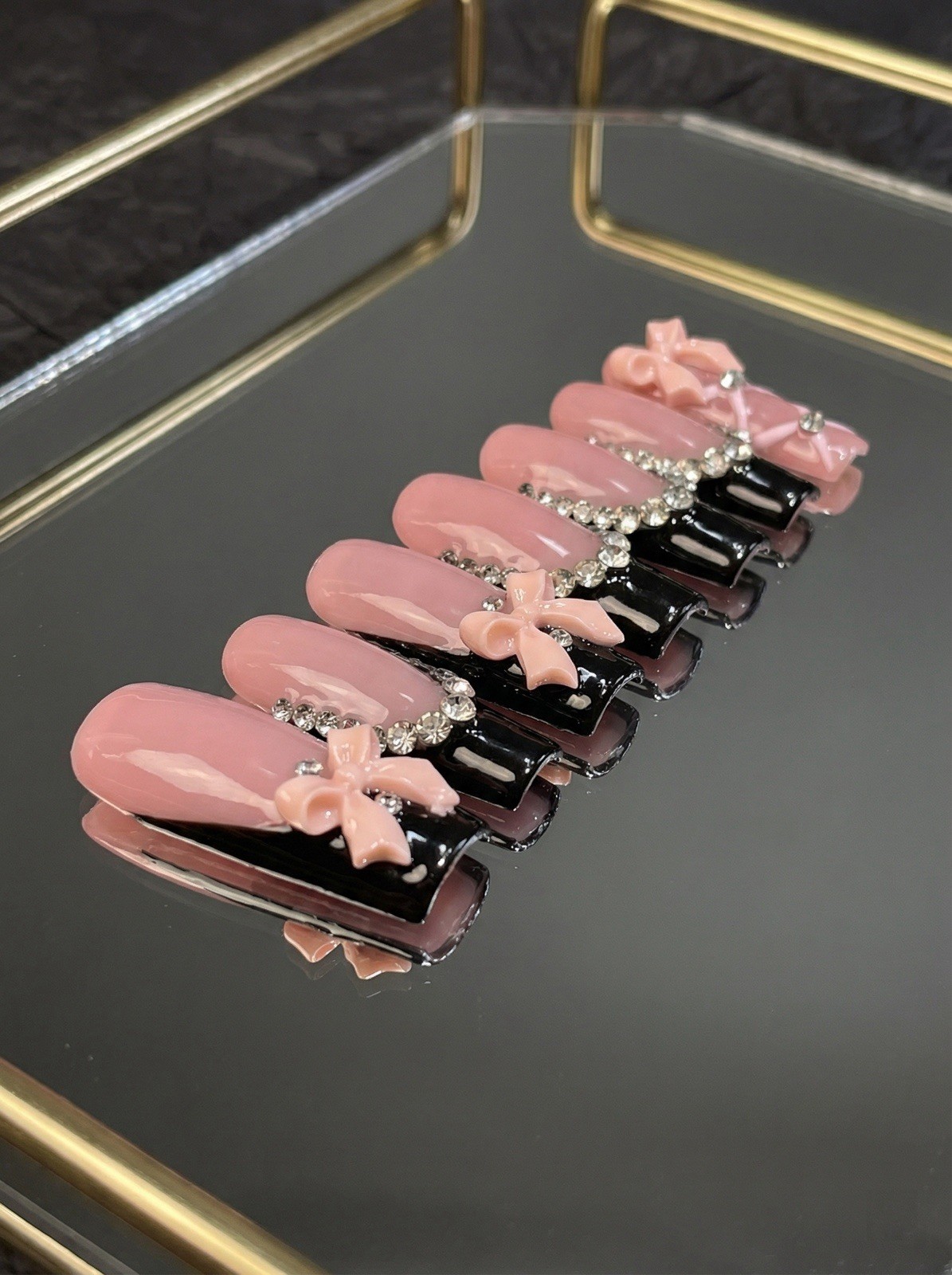G02 Blush Bow Glam Pink Black French Press On Nails, 3D Bow Rhinestone， Handmade