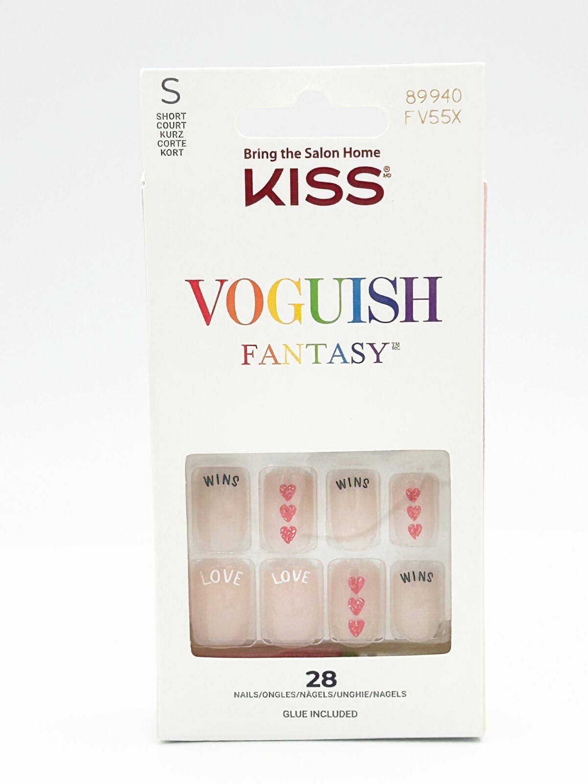 Kiss Short Glue-On Nails, Voguish Fantasy, Pink Nails Red Hearts ‘Love’ 89940