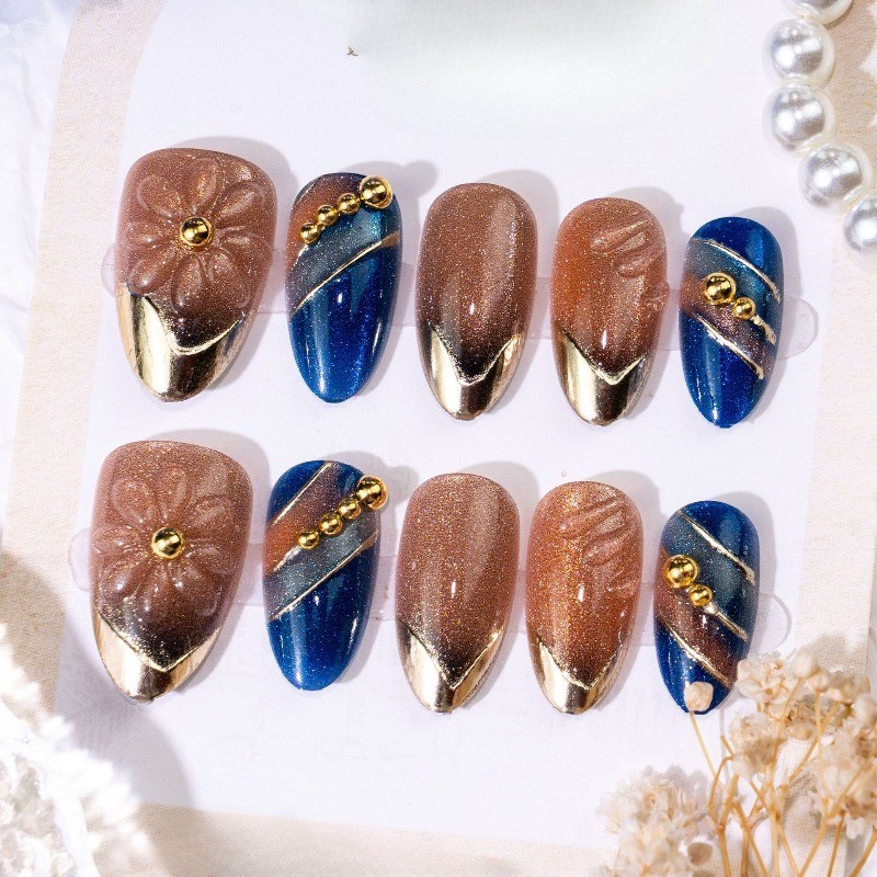 30pcs 3D Flower Cat Eye Nails Press on Almond with Gold Beads and Blue Accents