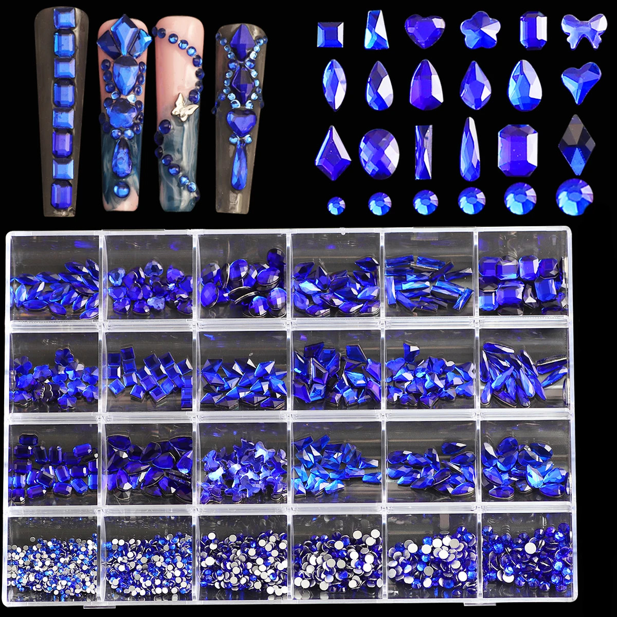 1 box of multi shaped 3D nail diamond kits 24 AB crystal gem grids flat bottom