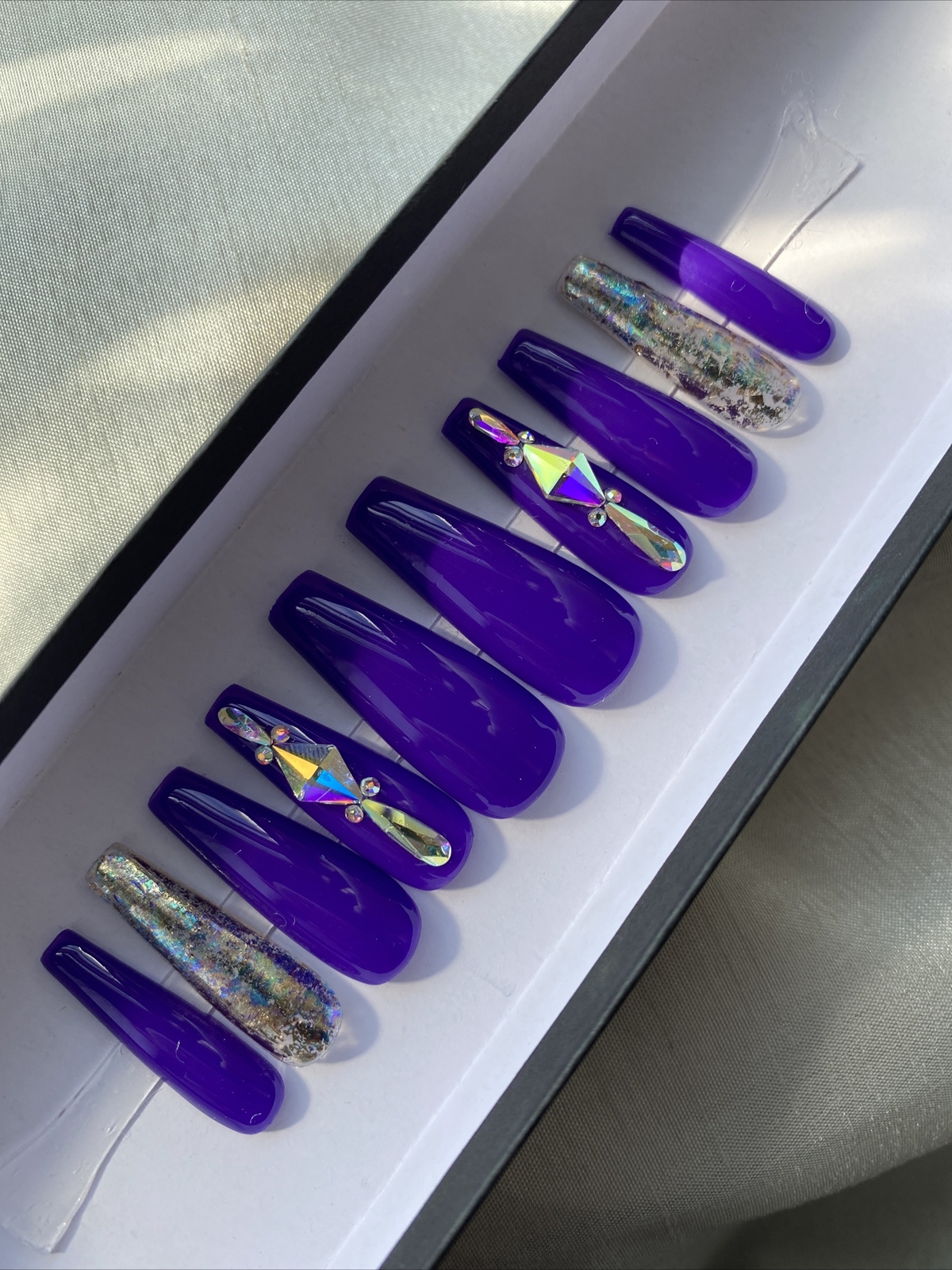 Luxury Gel Press On Nails,Marine W Bling , Long Coffin, 10p Nail Set W/ kit