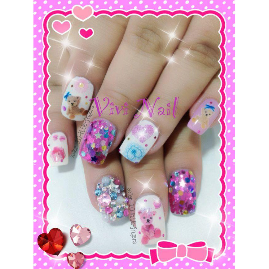 x1 set of cute Teddy Bear Nail Decals / Cute Kawaii Brown Rainbow