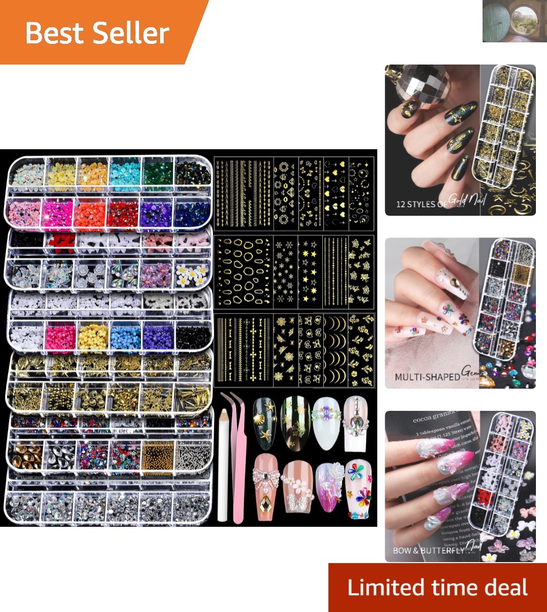 All-in-One Nail Art Charm Kit with Gold Stickers and Colorful Rhinestones