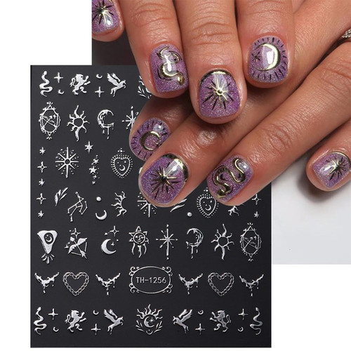6 Sheets Metallic Nail Art Stickers Decals-3D Self-Adhesive Sun Stars Silver