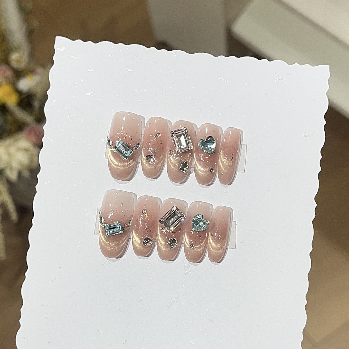 10Pcs Handmade Orange Cat Eye Nails Glitter Rhinestone Youth Daily Style