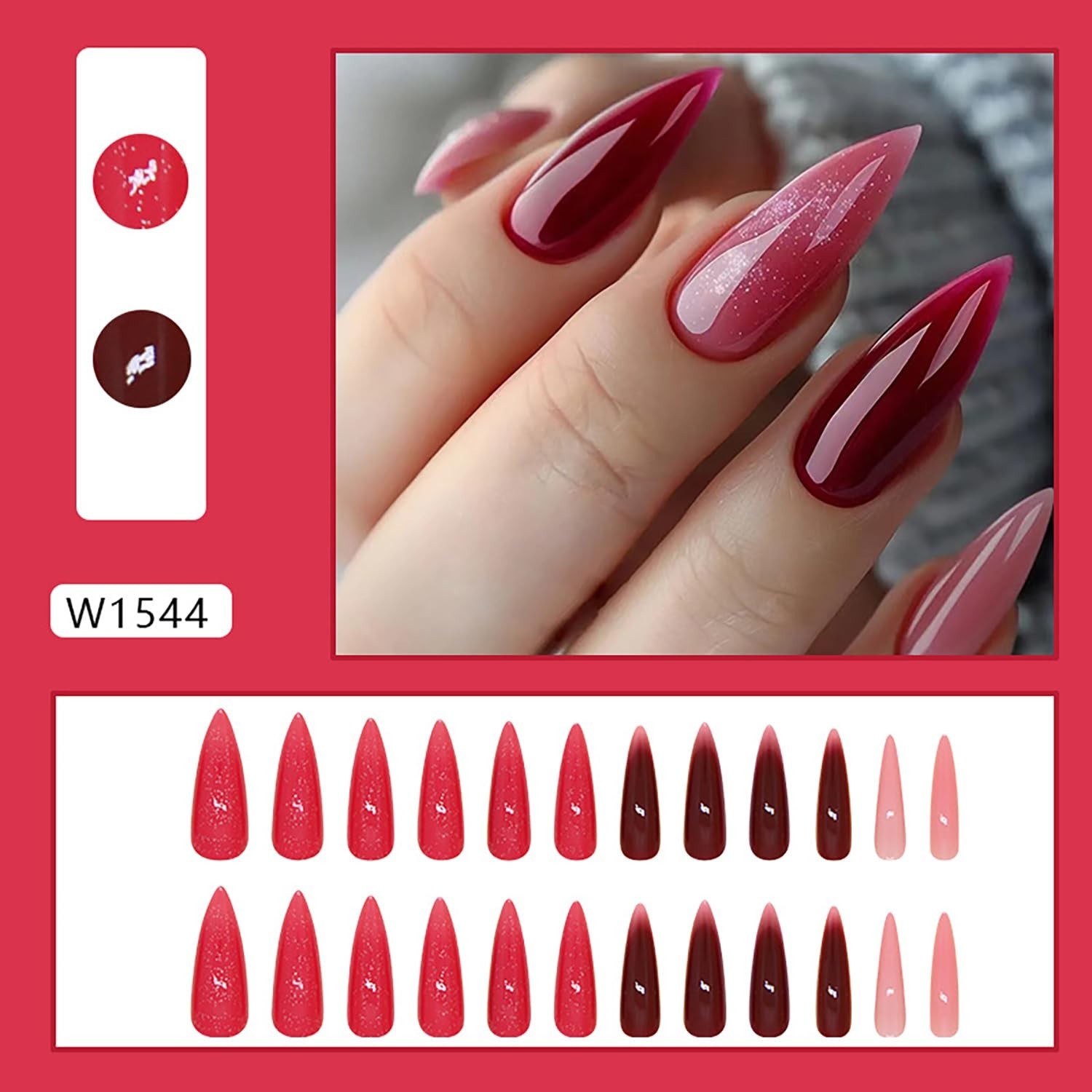 Press on Nails Long Length Almond Tip False Nails Red Gradient Glitter Powder…