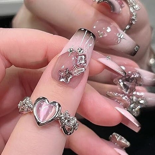 10 Piece 3D Reusable Handmade Press On Nails Set Luxury Diamonds Heart