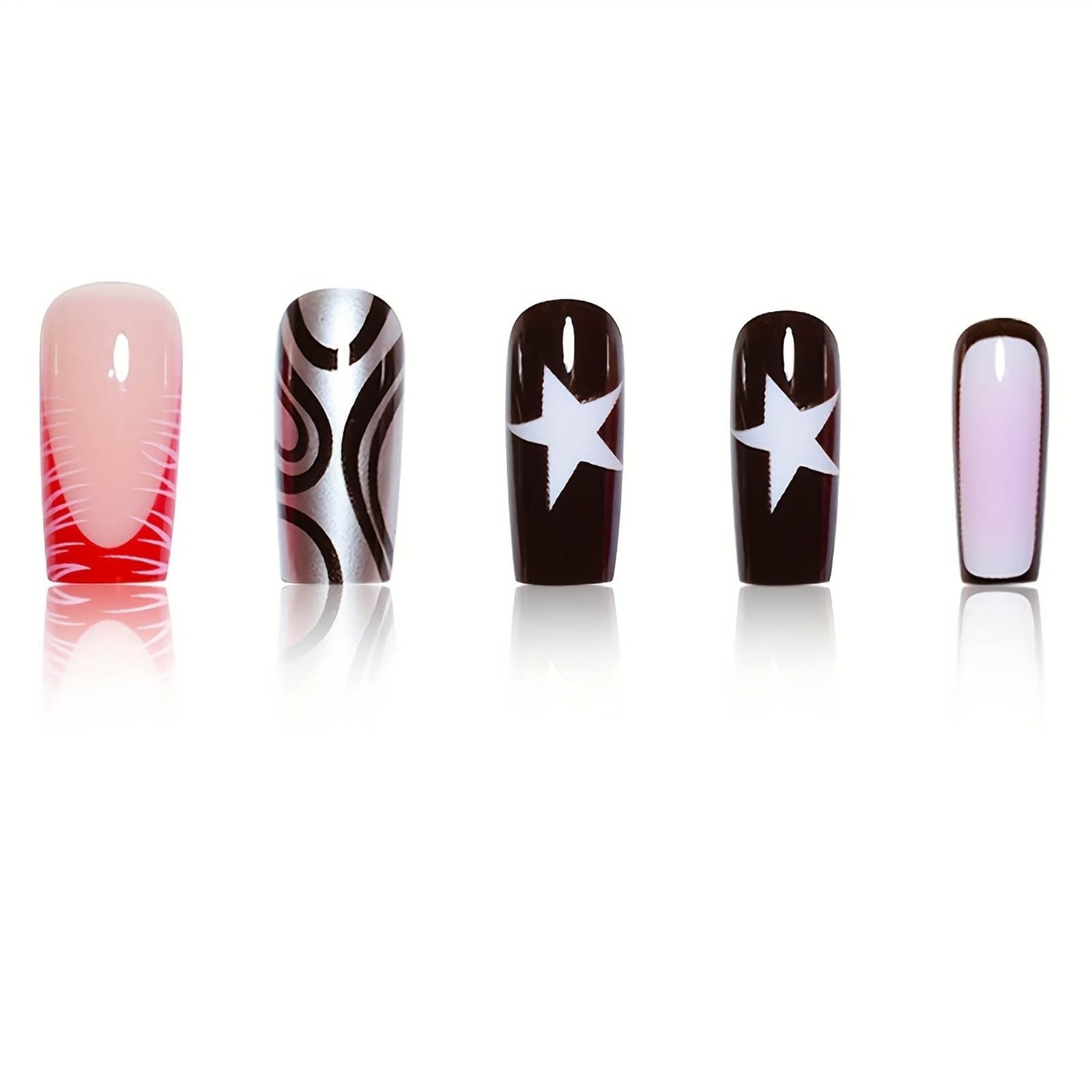 Y2K Black White Star Red Flame Duckbill Long Coffin Press On Nails