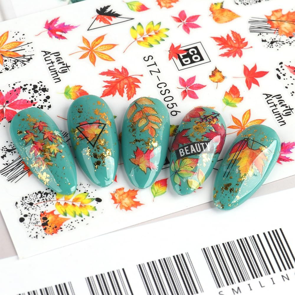 Maple Leaf Nail Art Stickers – Fall Nail Decals, Geometric Line Designs, Autumn