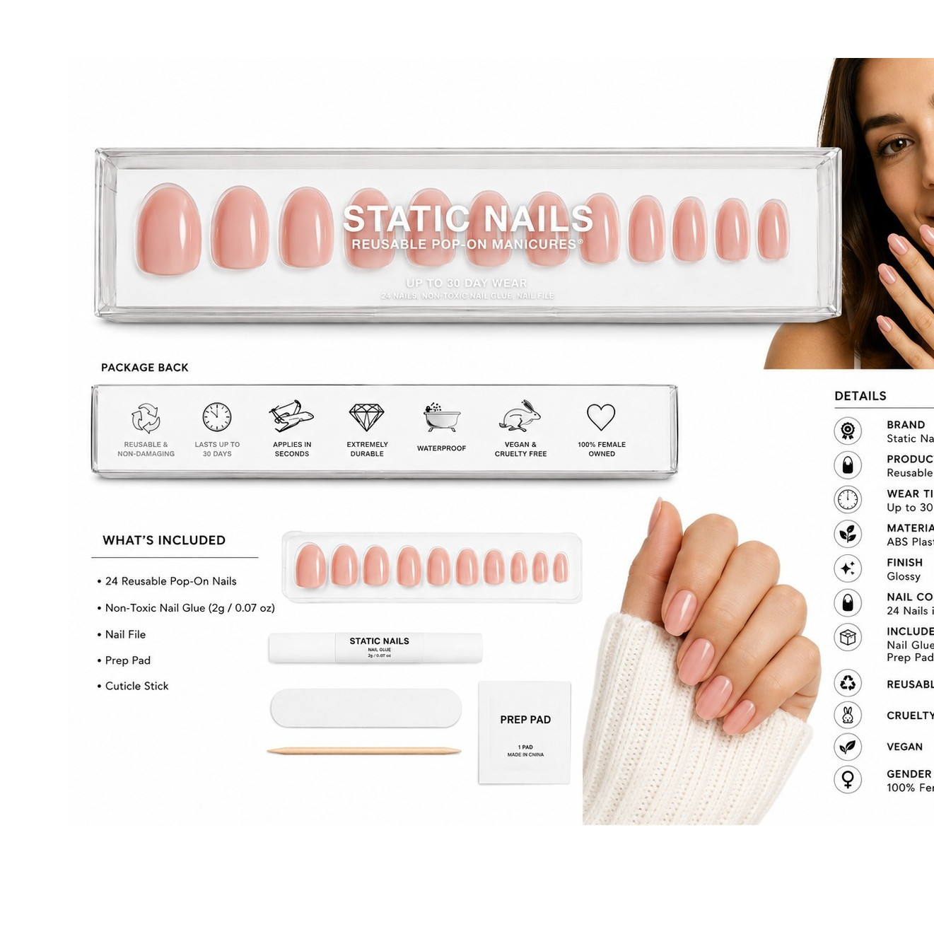 Nails Sataic Oval Pink Glossy Press-On Nails Set Reusable Waterproof ABS Glue