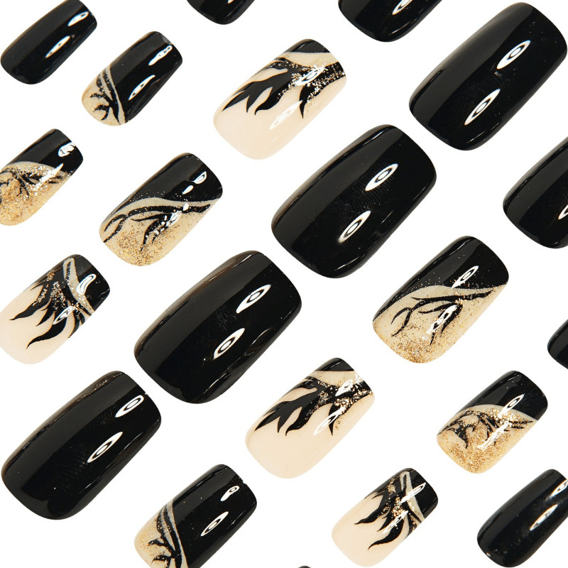 48Pcs Gold Glitter Leaf Black French Coffin Press on Nails, Cool Nude Fake Nails