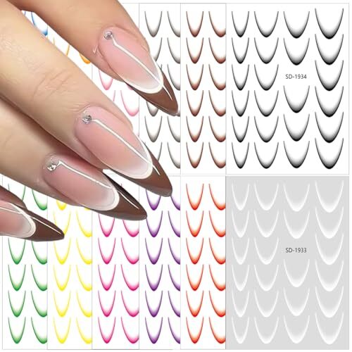 12Sheets Gradient French Line Nail Stickers, Colorful Stripes Color French Line
