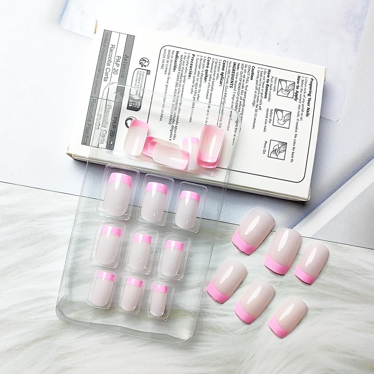24 Pcs French Tip Press on Nails Medium Square Fake Nails with Glue Pink Acry…