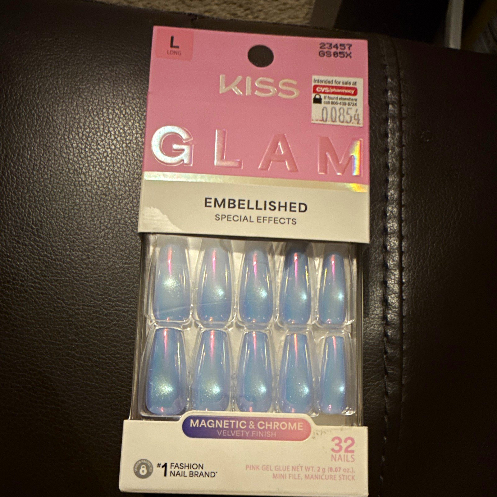 KISS Press-On Nails Magnetic Chrome Blue Gel Long Coffin Full Cover 32ct