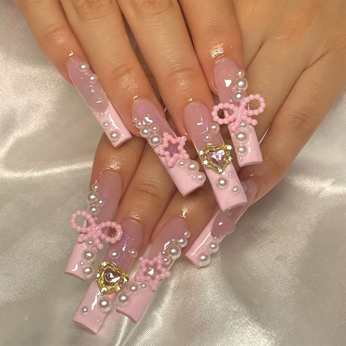 24Pcs Extra Long Square Fake Nail with Glue 3D Little Bear Bow Design False Nail