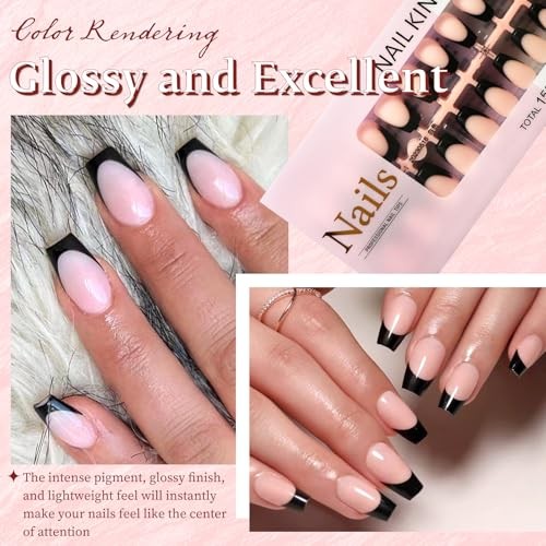 Black French Tip Press on Nails Short Coffin Fake Nails, 150pcs G-Short Coffin