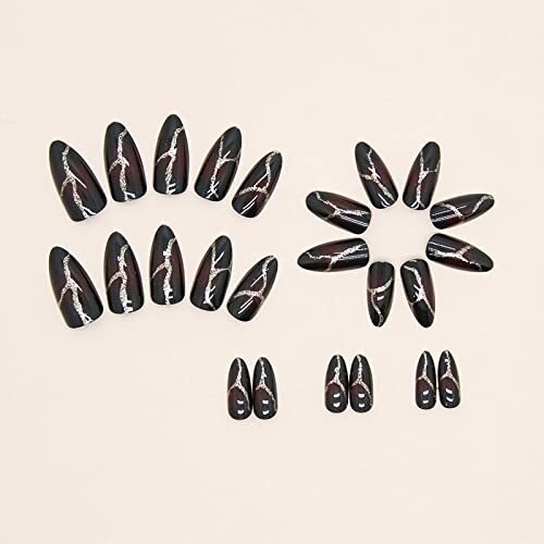 Medium Stiletto Press on Nails Almond Fake Nails Glossy Glue on 00502Black&Red