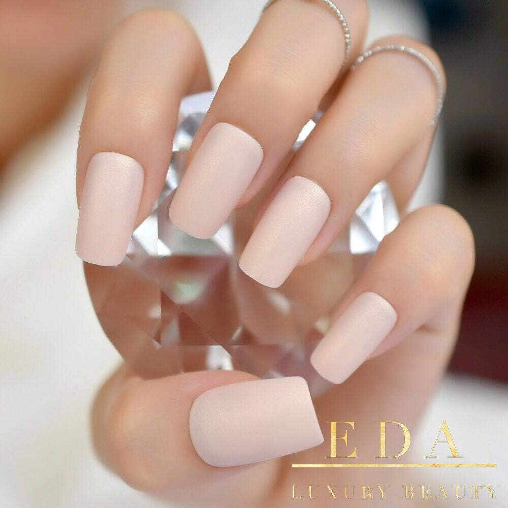Natural Nude Beige Shimmery Matte Square Long Acrylic Press On False Nails Set