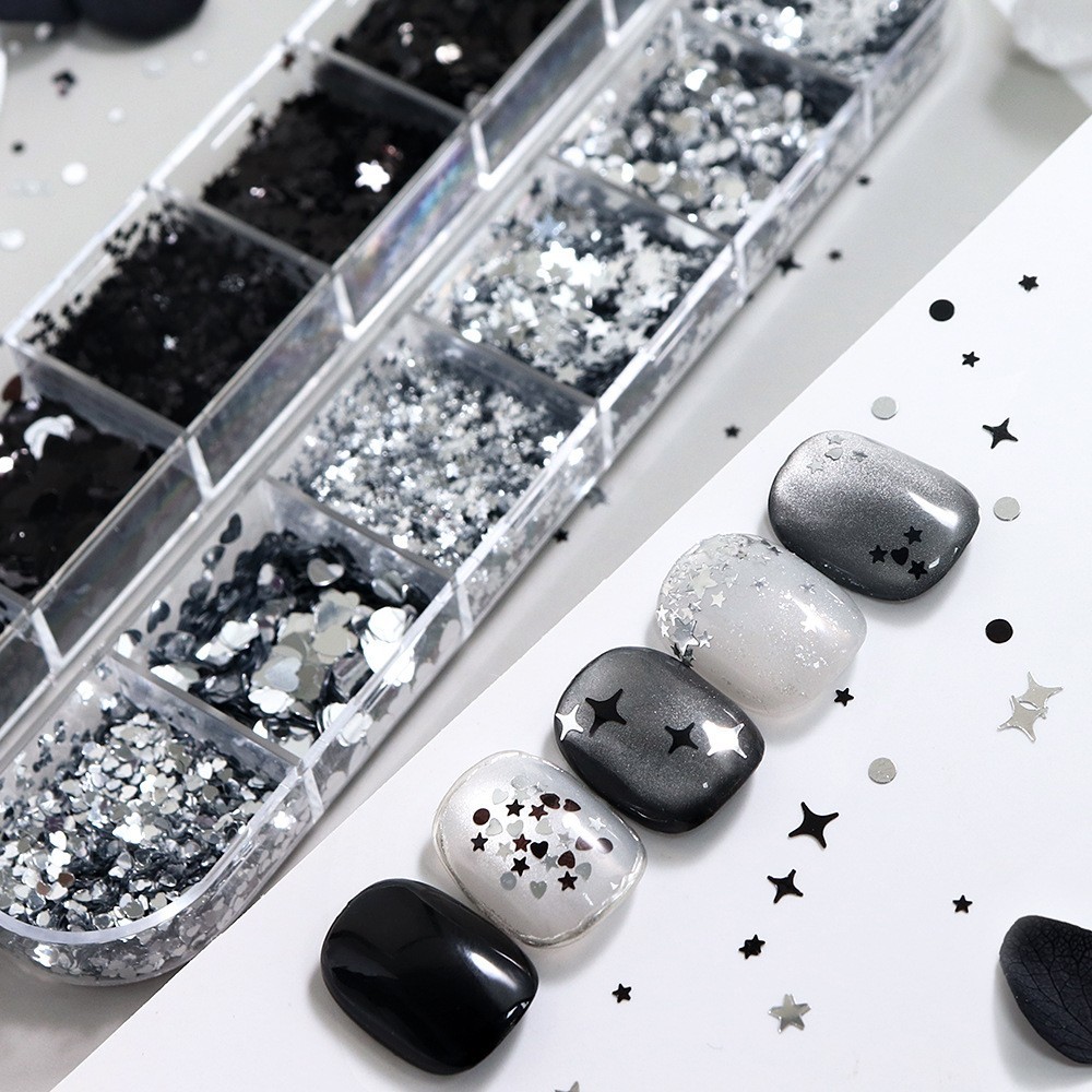 Mixed Size 1/2/3MM Silver Black Nail Glitter Sequins Heart Star Flakes for Nails
