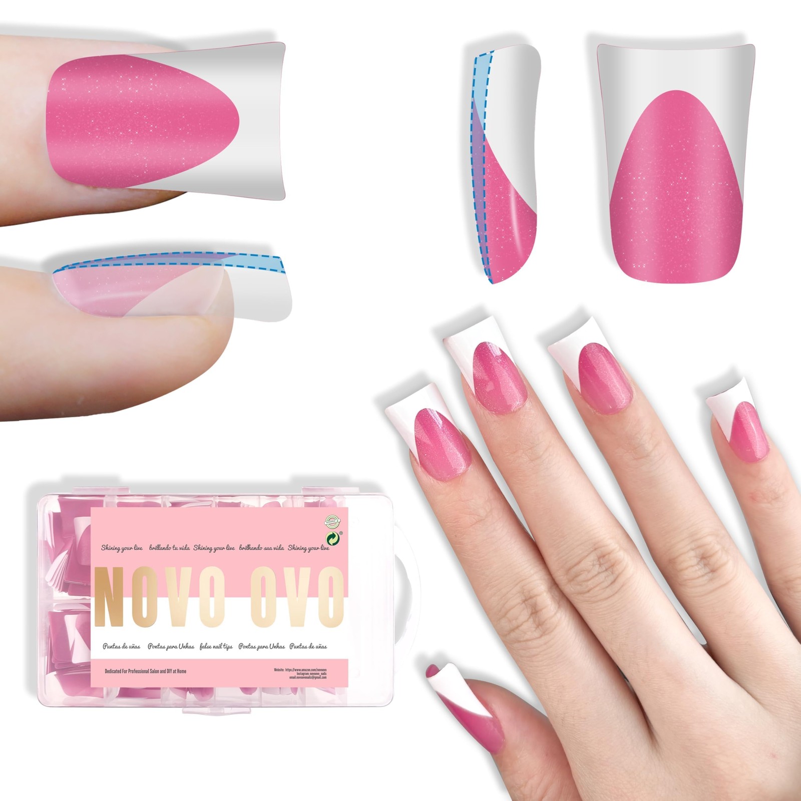 NOVO OVO Short Duck Nail Tips French Tip Press On ROSE PINK with Glitter, Sof…