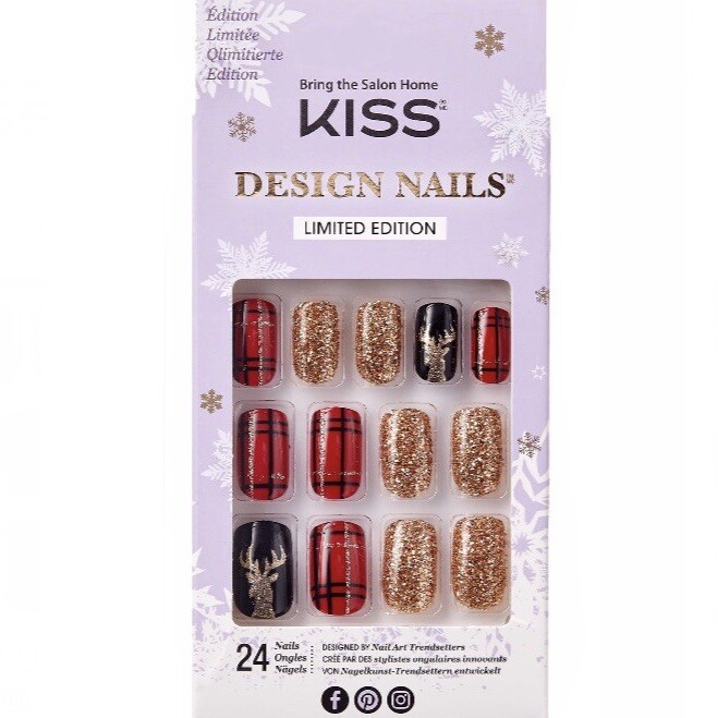 NEW Kiss Nails Limited Edition Glue Manicure Medium Reindeer Plaid Red Christmas