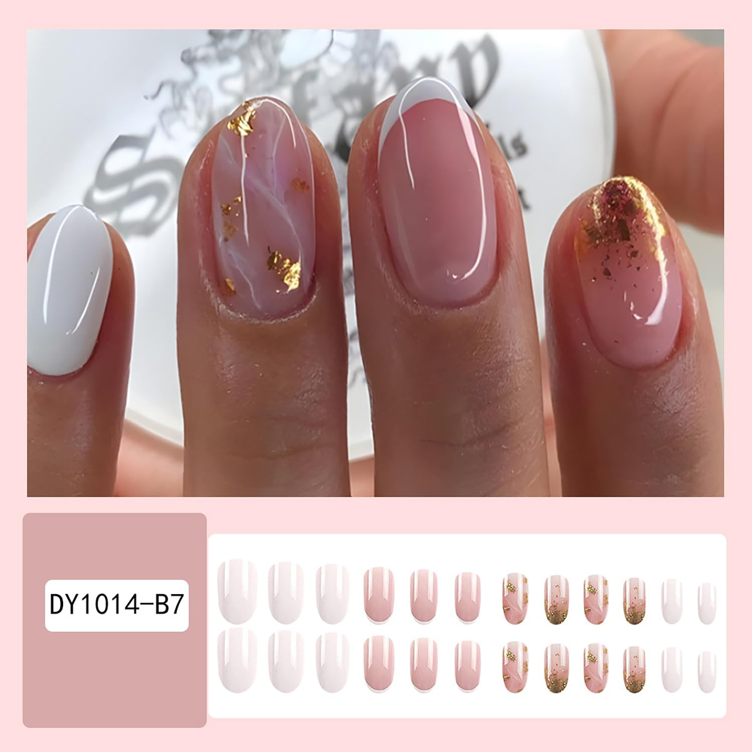 French Tip Press on Nails Short round Head Almond Fake Nails with Gold Foil D…