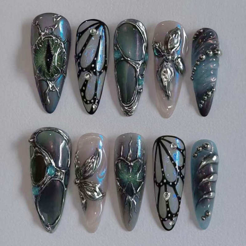 24Pcs Black Y2k Long Almond Fake Nails Cat’s Eye Silver Stripe Press on Nails